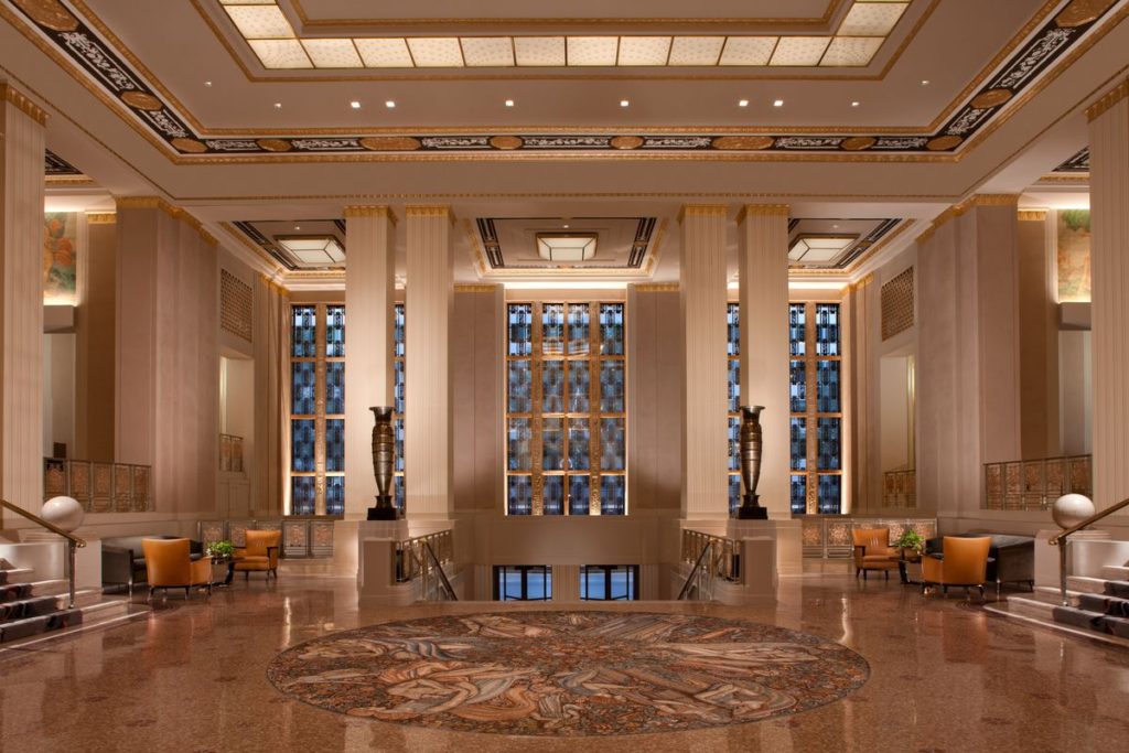 A photo of the Waldorf Astoria’s Park Avenue lobby before renovation. Anbang Insurance Group