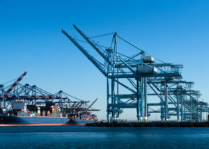 Cargo operations at Port of Los Angeles with environmental management by Cumming Group under ISO 14001.